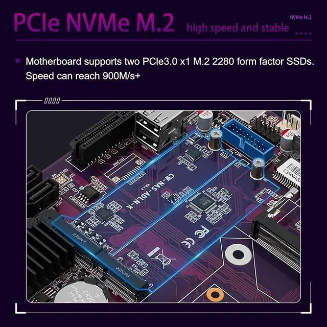 Alt view image 4 of 5 - N100 Industrial Motherboard NAS 4 Cores 4 Threads Low Power Processor 2x2.5G i226 Network M.2 Slot 6xSATA 2* M.2 NVMe 2280, 1* PCIe 3.0x4, 1* TF Slot, Dual 4K Display, 6* USB