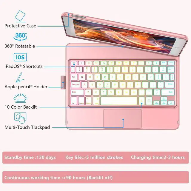 Alt view image 3 of 5 - Keyboard Case for iPad 10.2 - iPad Keyboard 9th Generation & 8th & 7th Gen - Touch Keyboard - 360deg Rotatable Protective Cover with Apple Pencil Holder - Backlight Wireless Keyboard - iPad 9 Keyboard
