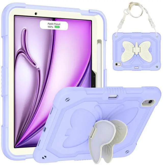 Main image of Hogenl for iPad Air 11 Inch Case 2024 (M2) for Kids Girl with Pencil Slot, for iPad Air 6th Generation Cover with Butterfly Stand Shoulder Strap Shockproof Full Body Protective, Purple