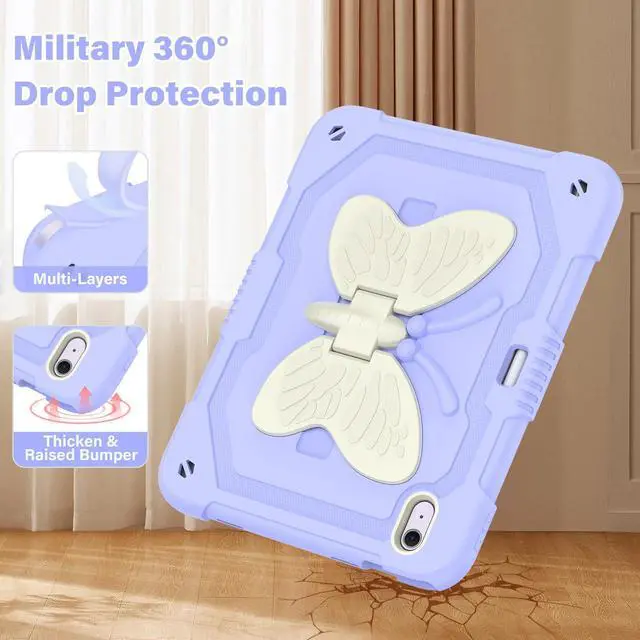 Alt view image 2 of 5 - Hogenl for iPad Air 11 Inch Case 2024 (M2) for Kids Girl with Pencil Slot, for iPad Air 6th Generation Cover with Butterfly Stand Shoulder Strap Shockproof Full Body Protective, Purple