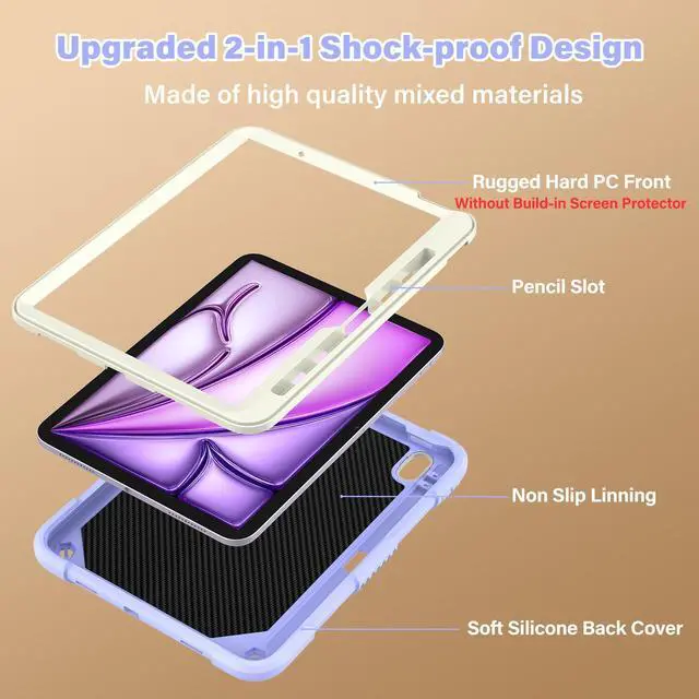 Alt view image 3 of 5 - Hogenl for iPad Air 11 Inch Case 2024 (M2) for Kids Girl with Pencil Slot, for iPad Air 6th Generation Cover with Butterfly Stand Shoulder Strap Shockproof Full Body Protective, Purple