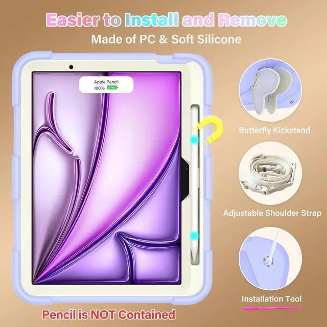 Alt view image 4 of 5 - Hogenl for iPad Air 11 Inch Case 2024 (M2) for Kids Girl with Pencil Slot, for iPad Air 6th Generation Cover with Butterfly Stand Shoulder Strap Shockproof Full Body Protective, Purple