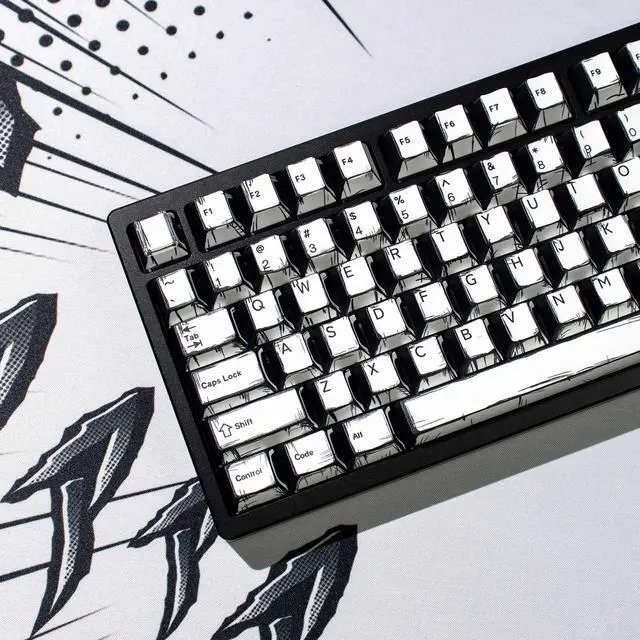 Main image of Hunfuthr Manga Themed Keycaps PBT Dye Sub Retro Keycaps Japanese Style Cherry Profile Black White Key caps Set 141 Keys Fit for 60% 65% 75% 95% Mechanical Keyboard Cherry Mx Gateron Switches