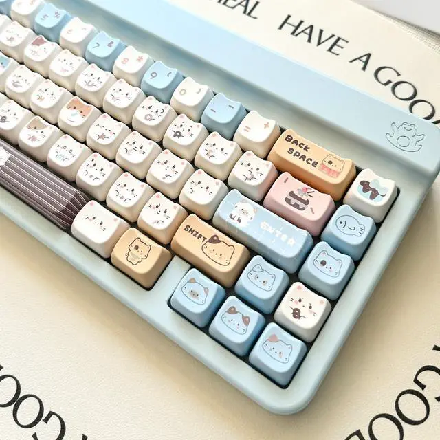 Alt view image 3 of 5 - ILYCHEEGAMI PBT Cute Cartoon Animals MOA XDA Round keycaps PBT keycap Set for Girl Kids Custom keycaps for Gateron Kailh Cherry Mx Switches ANSI Layout Mechanical Keyboard (Mao-Sea Salt Meow Keycap)