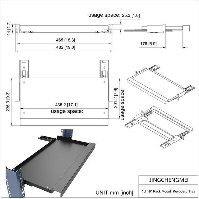 Alt view image 4 of 5 - JINGCHENGMEI 1U Keyboard Tray 8" Deep -Universal 19" Rack Mount Sliding Shelf for Network Equipments Server Rack or Cabinet (8inch)