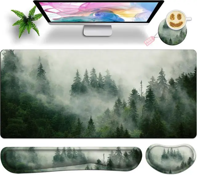 Main image of JYCUHTCL Forest Desk Pad Large Gaming Mouse Pad Set 35.4 x 15.7 with Keyboard Wrist Rest, Wrist Support, and Coaster Memory Foam Smooth Desk Pad Mousepad for Home Office School