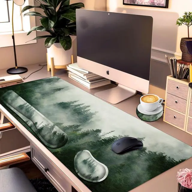 Alt view image 2 of 5 - JYCUHTCL Forest Desk Pad Large Gaming Mouse Pad Set 35.4 x 15.7 with Keyboard Wrist Rest, Wrist Support, and Coaster Memory Foam Smooth Desk Pad Mousepad for Home Office School