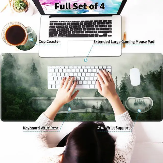 Alt view image 3 of 5 - JYCUHTCL Forest Desk Pad Large Gaming Mouse Pad Set 35.4 x 15.7 with Keyboard Wrist Rest, Wrist Support, and Coaster Memory Foam Smooth Desk Pad Mousepad for Home Office School