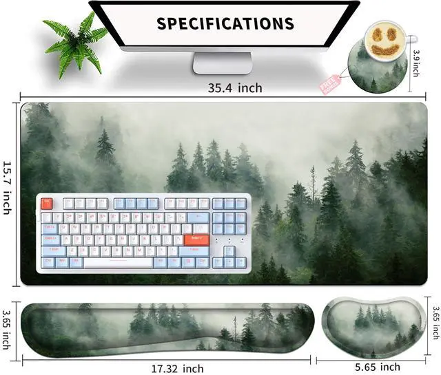 Alt view image 5 of 5 - JYCUHTCL Forest Desk Pad Large Gaming Mouse Pad Set 35.4 x 15.7 with Keyboard Wrist Rest, Wrist Support, and Coaster Memory Foam Smooth Desk Pad Mousepad for Home Office School