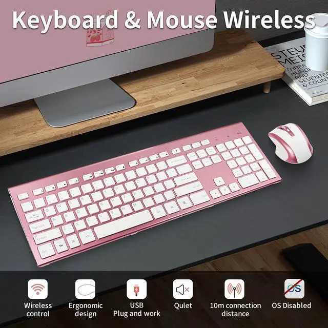 Alt view image 2 of 5 - Wireless Keyboard and Mouse Combo 17inch Full Size 2.4G USB Ergonomic Slim Wireless Keyboard for PC Laptop Tablet Desktop Computer Windows Pink (Rose Gold)