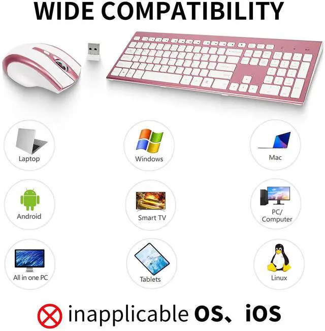 Alt view image 4 of 5 - Wireless Keyboard and Mouse Combo 17inch Full Size 2.4G USB Ergonomic Slim Wireless Keyboard for PC Laptop Tablet Desktop Computer Windows Pink (Rose Gold)