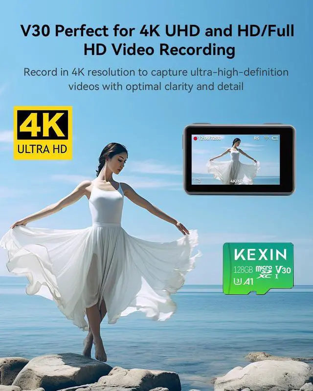 Alt view image 2 of 5 - KEXIN 128GB Micro SD Card 3 Pack with Adapter - Up to 90MB/s 4K, V30, A1, C10, 4K UHD High Speed microSDXC UHS-I Memory Card Compatible with Action Camera Drone Game Smartphone Tablet 128G 3Pack