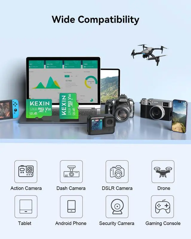 Alt view image 5 of 5 - KEXIN 128GB Micro SD Card 3 Pack with Adapter - Up to 90MB/s 4K, V30, A1, C10, 4K UHD High Speed microSDXC UHS-I Memory Card Compatible with Action Camera Drone Game Smartphone Tablet 128G 3Pack