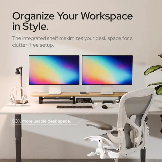 Alt view image 2 of 5 - KIVY Dual Monitor Riser with Integrated Metal Shelf [MADE BY HAND] - Wooden Desk Shelf for Monitor - Monitor Riser for 2 Monitors - Wide Long Dual Monitor Stand Riser for Desk (44 x10x3in - Oak)