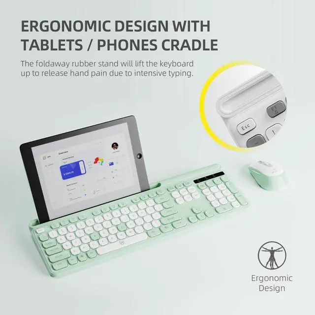 Alt view image 3 of 5 - Green Wireless Keyboard and Mouse Combo, 2.4G Ergonomic Wireless Computer Keyboard with Phone Tablet Holder, Silent Mouse with 6 Buttons, Compatible with MacBook, Windows (KM-239W-WHGN)