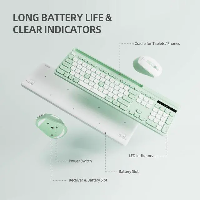 Alt view image 5 of 5 - Green Wireless Keyboard and Mouse Combo, 2.4G Ergonomic Wireless Computer Keyboard with Phone Tablet Holder, Silent Mouse with 6 Buttons, Compatible with MacBook, Windows (KM-239W-WHGN)