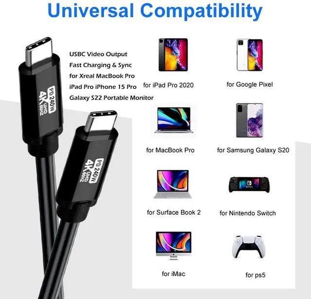 Alt view image 4 of 5 - Type C to USB C Cable 20FT,240W 4K60HZ USB C GEN2x2(Data usb3.1),USB C Video Output From USB3.2/ USB4.0 Fast Charging & Sync for Xreal MacBook Pro iPad Pro iPhone 15 Pro Galaxy S22 Portable Monitor
