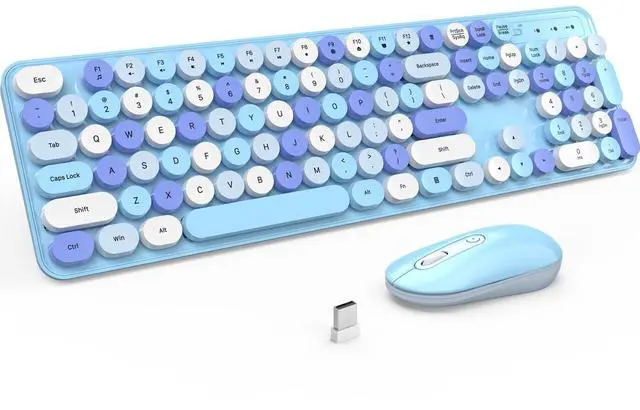 Main image of LIZRROT Wireless Keyboard and Mouse, Silent Keyboard Mouse Combo, Full-Sized Colorful Typewriter Keyboard with Round Keycaps, 2.4G Cute Mouse Compatible with PC/Laptop/Computer(Blue White)