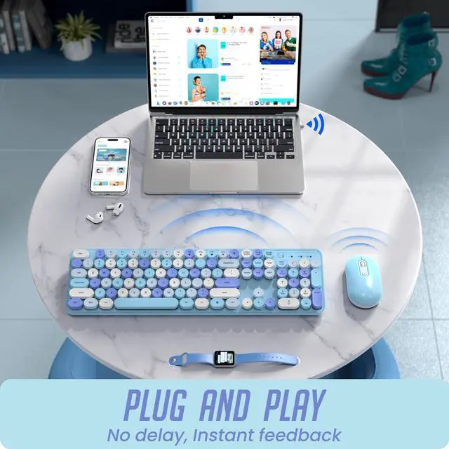 Alt view image 3 of 5 - LIZRROT Wireless Keyboard and Mouse, Silent Keyboard Mouse Combo, Full-Sized Colorful Typewriter Keyboard with Round Keycaps, 2.4G Cute Mouse Compatible with PC/Laptop/Computer(Blue White)