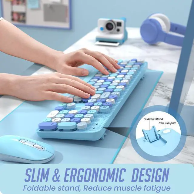 Alt view image 2 of 5 - LIZRROT Wireless Keyboard and Mouse, Silent Keyboard Mouse Combo, Full-Sized Colorful Typewriter Keyboard with Round Keycaps, 2.4G Cute Mouse Compatible with PC/Laptop/Computer(Blue White)