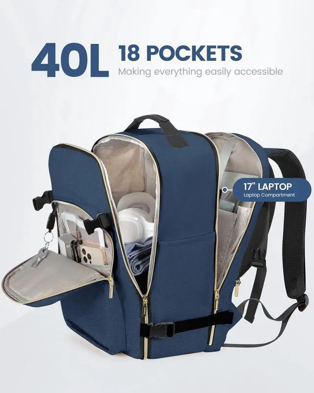 Alt view image 3 of 5 - LOVEVOOK Carry on Travel Backpack, 40L Waterproof Large 17inch Laptop Luggage Daypack as Personal Item Flight Approved, Business Weekender Overnight with 3 Packing Cubes, Blue green-Black