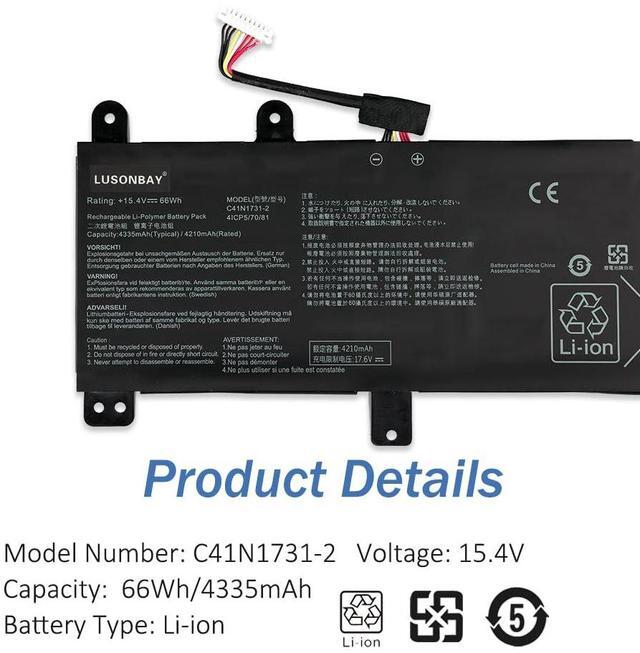 Alt view image 5 of 5 - LUSONBAY C41N1731 Laptop Battery for Asus ROG Strix Scar/Hero II G712 G732 G731 GL504GW GL504GS GL504GM GL704 GL704GW GL704GV GL704GM G715GV G715GW G515GV G515GW 15.4V/66Wh