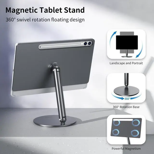 Alt view image 2 of 5 - LULULOOK Upgraded 360deg Rotating Base & Foldable Magnetic Stand Aluminium for Samsung Galaxy Tab S10 Plus/S9 Plus/S9 FE/S8 Plus/S7 FE/S7 Plus 12.4 Inch, Magnetic Tablet Stand (Galaxy Tab 12.4)