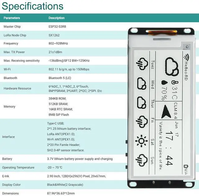 Alt view image 5 of 5 - Vision Master E290 Development Board with 2.9" E-Ink Display Screen, SX1262 Chip BLE WiFi ESP32-S3R8 LoRa Module Compatible with Arduino PlatformIO Micpython Meshtastic Raspberry PI IoT(902-928MHz