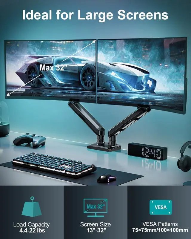 Alt view image 2 of 5 - Dual Monitor Mount for 2 Monitors up to 32 inches, Height Adjustable Gas Spring Double Monitor Stand, Two Monitor Desk Mount Holder, Each Monitor Arm Holds Max 22lbs, VESA Mount, Black, Freelift Pro