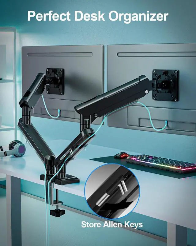 Alt view image 3 of 5 - Dual Monitor Mount for 2 Monitors up to 32 inches, Height Adjustable Gas Spring Double Monitor Stand, Two Monitor Desk Mount Holder, Each Monitor Arm Holds Max 22lbs, VESA Mount, Black, Freelift Pro