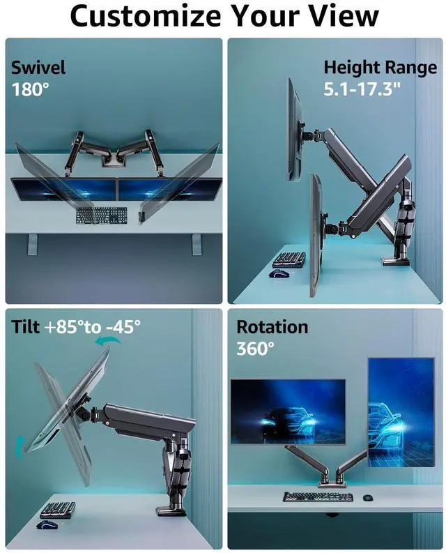 Alt view image 5 of 5 - Dual Monitor Mount for 2 Monitors up to 32 inches, Height Adjustable Gas Spring Double Monitor Stand, Two Monitor Desk Mount Holder, Each Monitor Arm Holds Max 22lbs, VESA Mount, Black, Freelift Pro