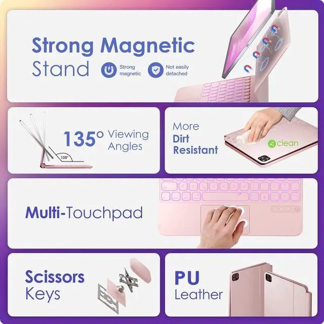 Alt view image 3 of 5 - NOKBABO for iPad Air 11 inch case with Keyboard 2024 (M2), Magic-Stand, 7-Color Backlit, Magic Keyboard for iPad Pro 11 (4th/3rd/2nd/1st) & iPad Air 10.9 inch 6th/5th/4th - Light Pink