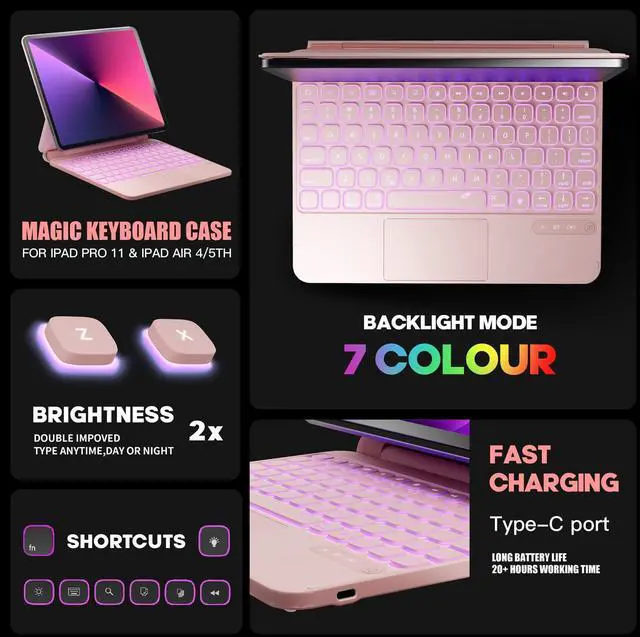 Alt view image 4 of 5 - NOKBABO for iPad Air 11 inch case with Keyboard 2024 (M2), Magic-Stand, 7-Color Backlit, Magic Keyboard for iPad Pro 11 (4th/3rd/2nd/1st) & iPad Air 10.9 inch 6th/5th/4th - Light Pink