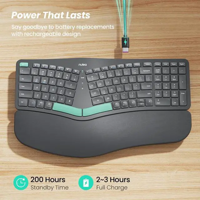Alt view image 3 of 5 - Nulea Wireless Ergonomic Keyboard, Split Keyboard with Cushioned Wrist Rest, Bluetooth and USB Connectivity, USB-C Rechargeable, Compatible with Windows Mac