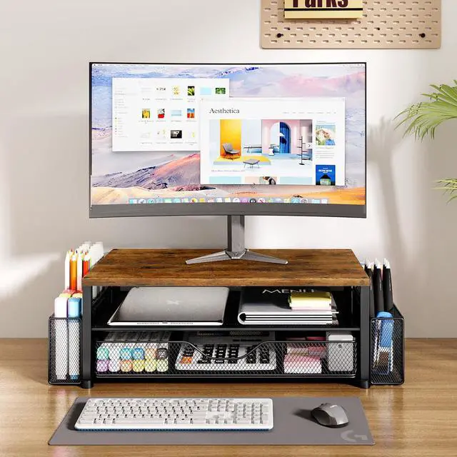 Alt view image 2 of 5 - OPNICE Desk Organizers and Accessories, 2-Tier Computer Monitor Stand for Desk Organizer with Drawer and 2 Pen Holders, Office Desk Accessories Workspace Desktop Organizers for Office Supplies, Wooden