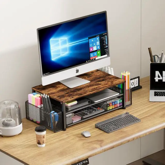 Alt view image 5 of 5 - OPNICE Desk Organizers and Accessories, 2-Tier Computer Monitor Stand for Desk Organizer with Drawer and 2 Pen Holders, Office Desk Accessories Workspace Desktop Organizers for Office Supplies, Wooden