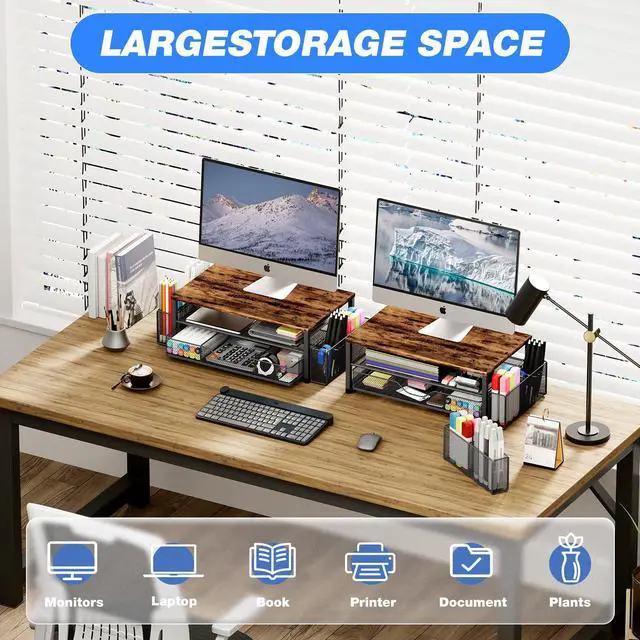 Alt view image 4 of 5 - OPNICE Desk Organizers and Accessories, 2-Tier Computer Monitor Stand for Desk Organizer with Drawer and 2 Pen Holders, Office Desk Accessories Workspace Desktop Organizers for Office Supplies, Wooden