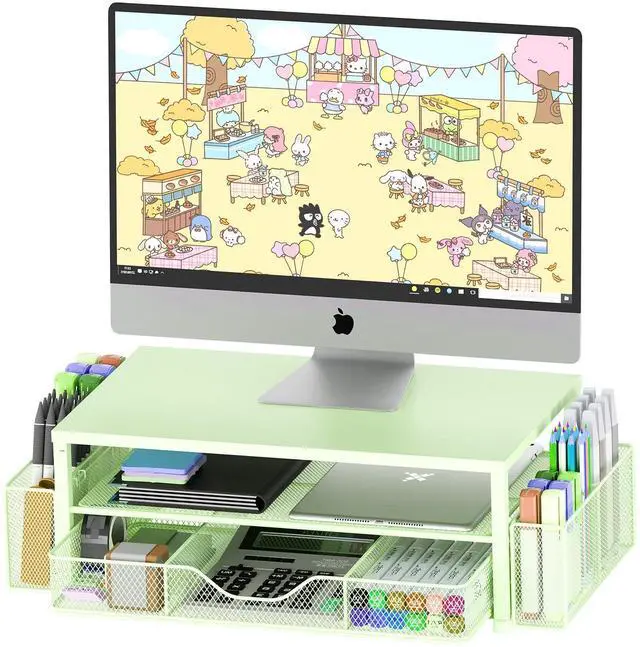 Main image of OPNICE Desk Organizers and Accessories, 2-Tier Computer Monitor Stand for Desk Organizer with Drawer and 2 Pen Holders, Office Desk Accessories Workspace Desktop Organizers for Office Supplies, Green