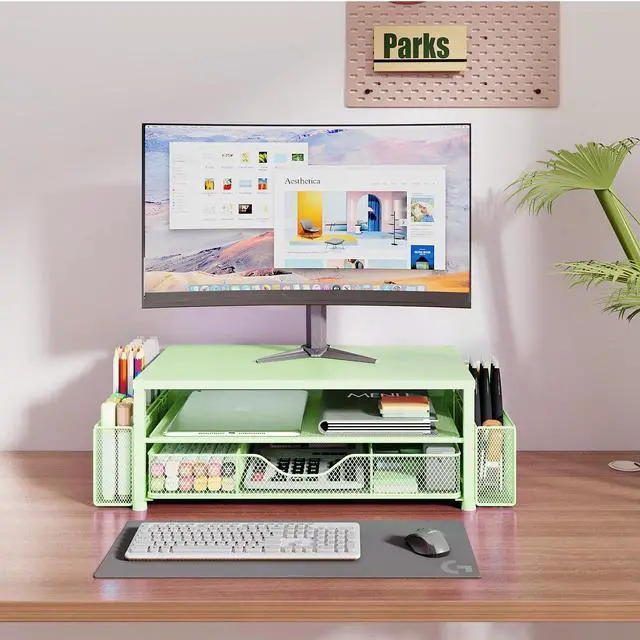 Alt view image 2 of 5 - OPNICE Desk Organizers and Accessories, 2-Tier Computer Monitor Stand for Desk Organizer with Drawer and 2 Pen Holders, Office Desk Accessories Workspace Desktop Organizers for Office Supplies, Green