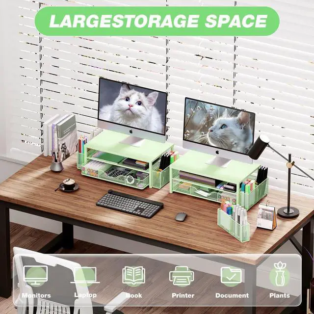 Alt view image 4 of 5 - OPNICE Desk Organizers and Accessories, 2-Tier Computer Monitor Stand for Desk Organizer with Drawer and 2 Pen Holders, Office Desk Accessories Workspace Desktop Organizers for Office Supplies, Green