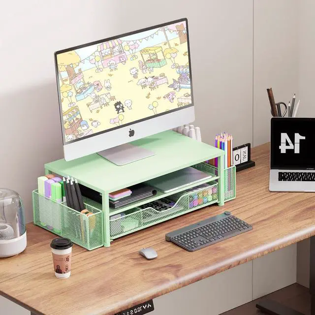 Alt view image 5 of 5 - OPNICE Desk Organizers and Accessories, 2-Tier Computer Monitor Stand for Desk Organizer with Drawer and 2 Pen Holders, Office Desk Accessories Workspace Desktop Organizers for Office Supplies, Green