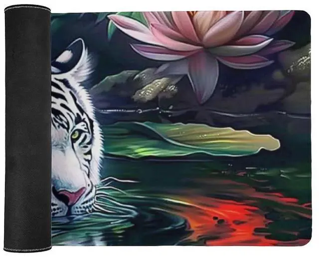 Alt view image 3 of 5 - Wildlife Animals Mousepad White Tiger Large Mouse Pad Aesthetic Lotus Flower Desk Mat for Keyboard and Computer Pad Non-Slip for Gaming Home Office Supplies 35.4 x 15.7 Inch