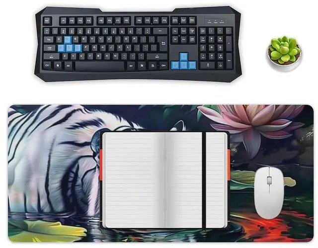 Alt view image 4 of 5 - Wildlife Animals Mousepad White Tiger Large Mouse Pad Aesthetic Lotus Flower Desk Mat for Keyboard and Computer Pad Non-Slip for Gaming Home Office Supplies 35.4 x 15.7 Inch