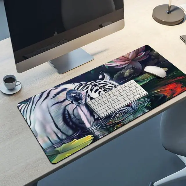 Alt view image 5 of 5 - Wildlife Animals Mousepad White Tiger Large Mouse Pad Aesthetic Lotus Flower Desk Mat for Keyboard and Computer Pad Non-Slip for Gaming Home Office Supplies 35.4 x 15.7 Inch