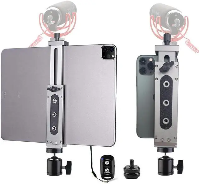 Main image of Aluminum IPad Pro Tripod Mount Adapter Holder With Cold Shoe Ball Head and Bluetooth Shutter for iPad Pro 12.9 11 10.5, iPad Air Mini, Surface Galaxy Tab, Video Recording 3.5 to 13.5" iPhone Tablet