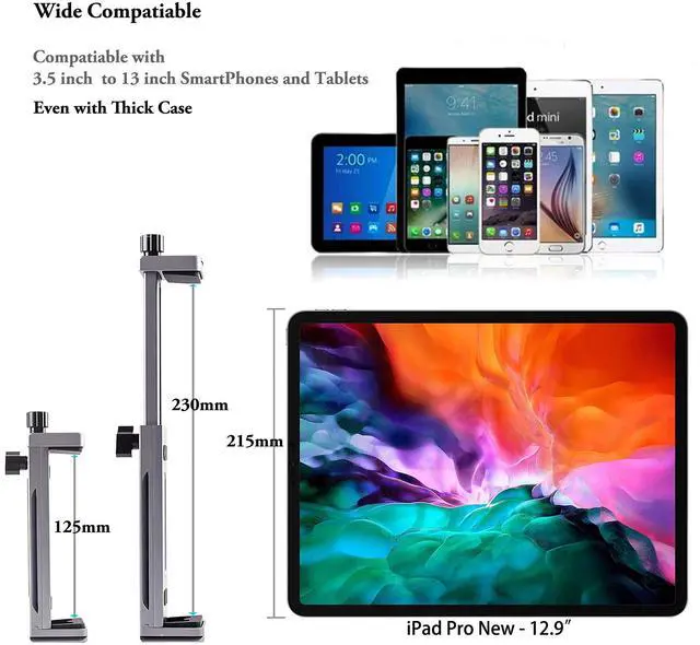 Alt view image 3 of 5 - Aluminum IPad Pro Tripod Mount Adapter Holder With Cold Shoe Ball Head and Bluetooth Shutter for iPad Pro 12.9 11 10.5, iPad Air Mini, Surface Galaxy Tab, Video Recording 3.5 to 13.5" iPhone Tablet