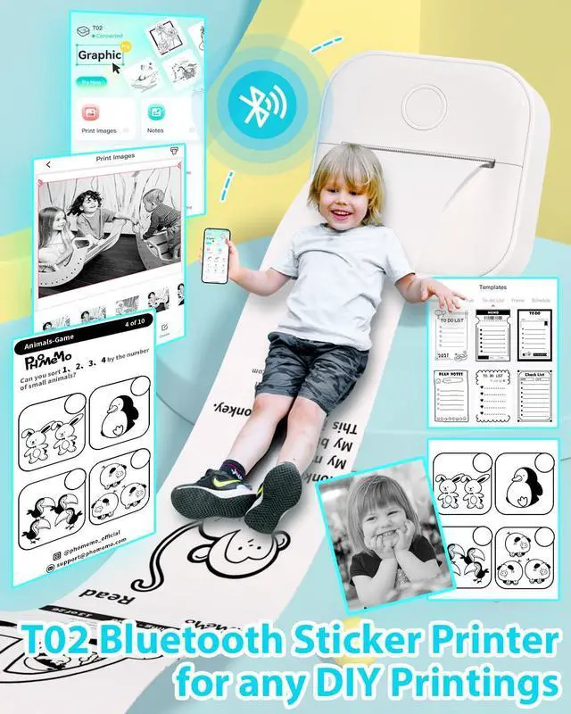 Alt view image 2 of 5 - Phomemo T02 Sticker Printer- Inkless Printer Mini Printer Sticker Maker Bluetooth Thermal Pocket Printer for Study Notes, Stickers, Photos, DIY Printing, with 3 Rolls Paper, White