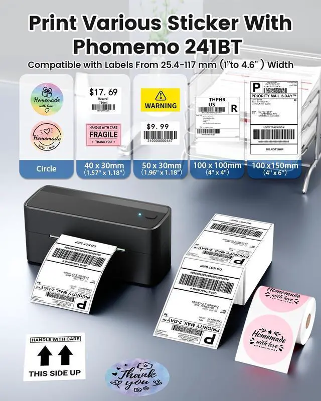 Alt view image 5 of 5 - Phomemo 241bt Bluetooth Thermal Shipping Label Printer 4X6 - Wireless Thermal Label Printer for Shipping Packages + 2 Inch White Circle Thermal Sticker Labels 750