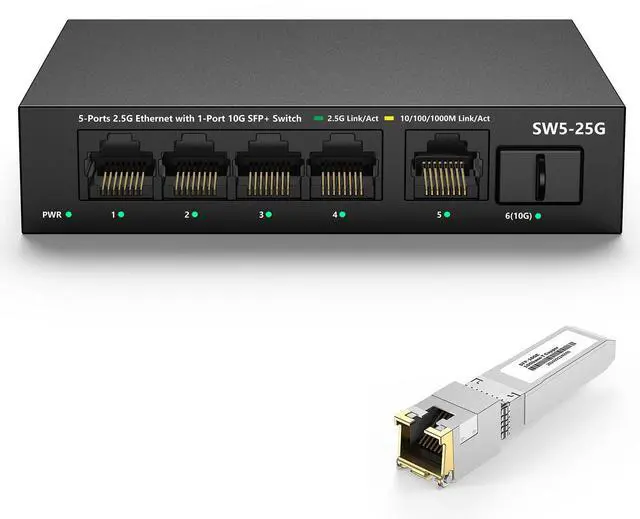 Main image of 5 Port 2.5GB Unmanaged Ethernet Network Switch | 5 x 2.5 Gigabit | 1 x 10Gb SFP+ | 45Gb Bandwidth | Fanless Metal Internet Multigig Switch | NOT Support VPN | 10Gb SFP+ to RJ-45 Module 262Ft (80m)