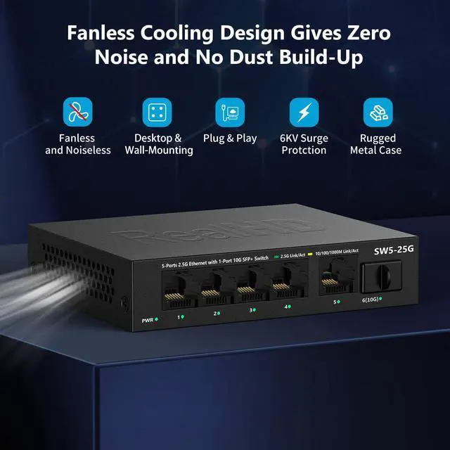 Alt view image 5 of 5 - 5 Port 2.5GB Unmanaged Ethernet Network Switch | 5 x 2.5 Gigabit | 1 x 10Gb SFP+ | 45Gb Bandwidth | Fanless Metal Internet Multigig Switch | NOT Support VPN | 10Gb SFP+ to RJ-45 Module 262Ft (80m)